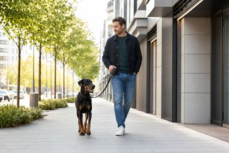 Ein Dobermann läuft an der Leine mit seinem Besitzer durch eine freundliche moderne Stadtstraße.