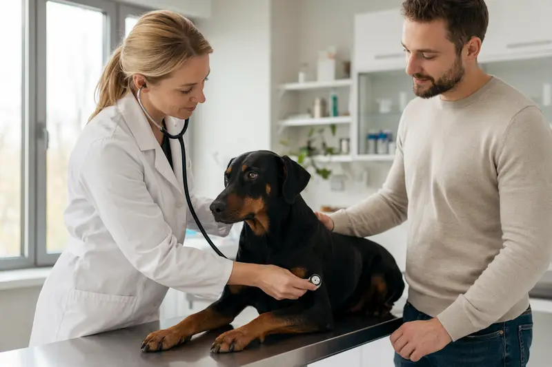 Ein ruhiger Dobermann wird von einer freundlichen Tierärztin mit einem Stethoskop in einer modernen Tierarztpraxis untersucht.