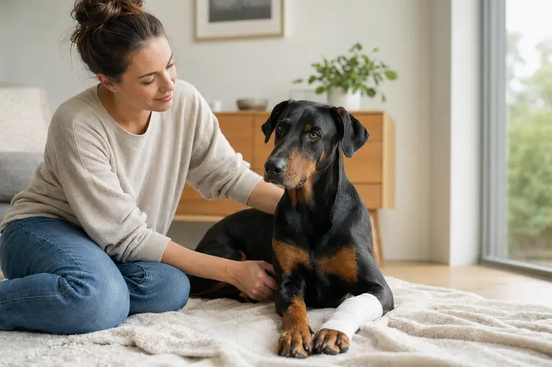 Ein Dobermann mit Verband an der Pfote liegt beruhigt auf einer Decke, während sein erleichterter Besitzer daneben sitzt.