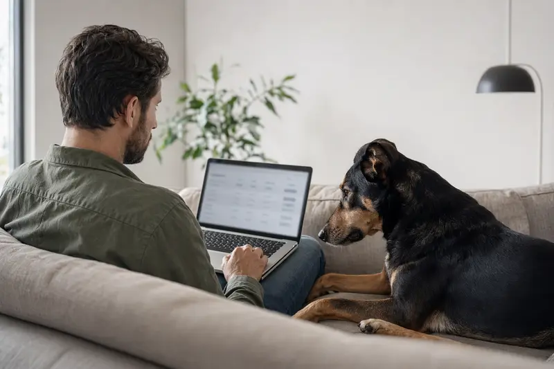 Ein Dobermann-Hund sitzt neben einem Besitzer auf dem Sofa, während dieser am Laptop Versicherungsoptionen vergleicht.