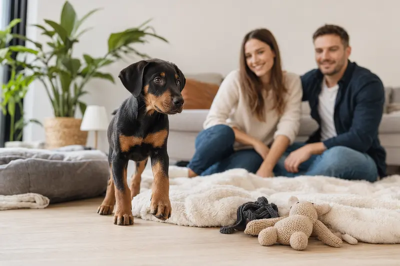 Ein neugieriger Dobermann Welpe erkundet seine neue, helle Wohnung mit weicher Decke und Spielzeug im Hintergrund.