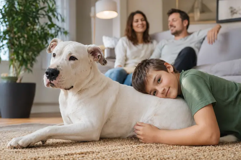 Ein Dogo Argentino entspannt neben einem Kind im Wohnzimmer und schafft eine vertrauensvolle Atmosphäre.