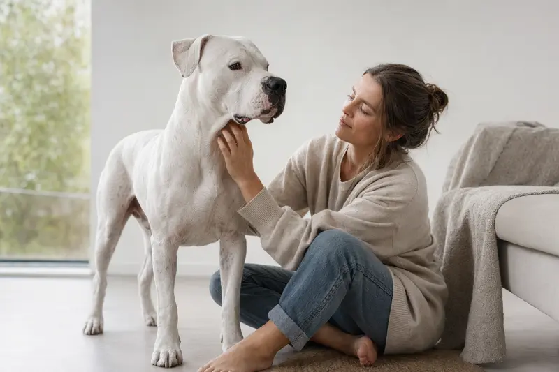 Ein Dogo Argentino steht aufmerksam vor einem hellen Hintergrund und zeigt seine charakteristische Körperform.