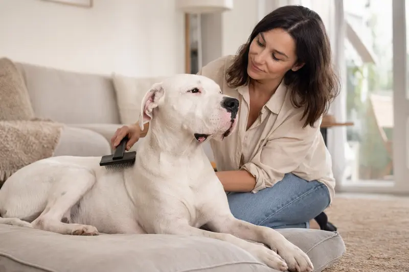 Ein Dogo Argentino wird liebevoll in einer hellen Wohnung gebürstet, was die Wichtigkeit von Fellpflege und tierischer Gesundheit verdeutlicht.