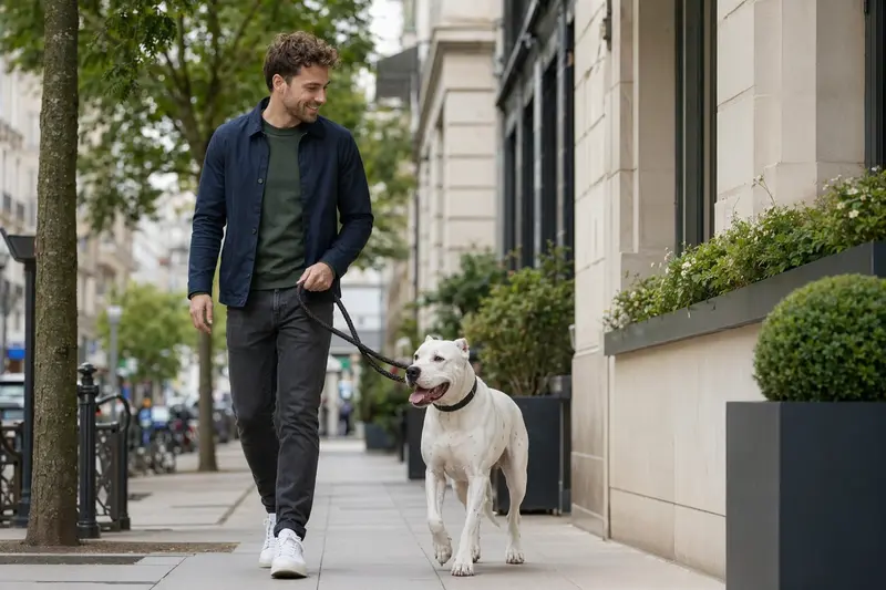 Ein Dogo Argentino Hund geht entspannt an der Leine mit seinem Besitzer in einer modernen Stadt.