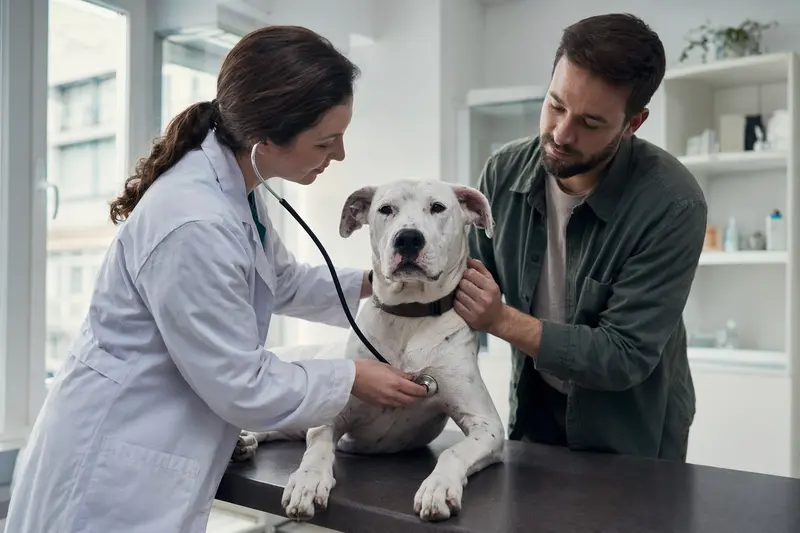 Ein Dogo Argentino wird von einer Tierärztin in einer modernen Praxis untersucht.