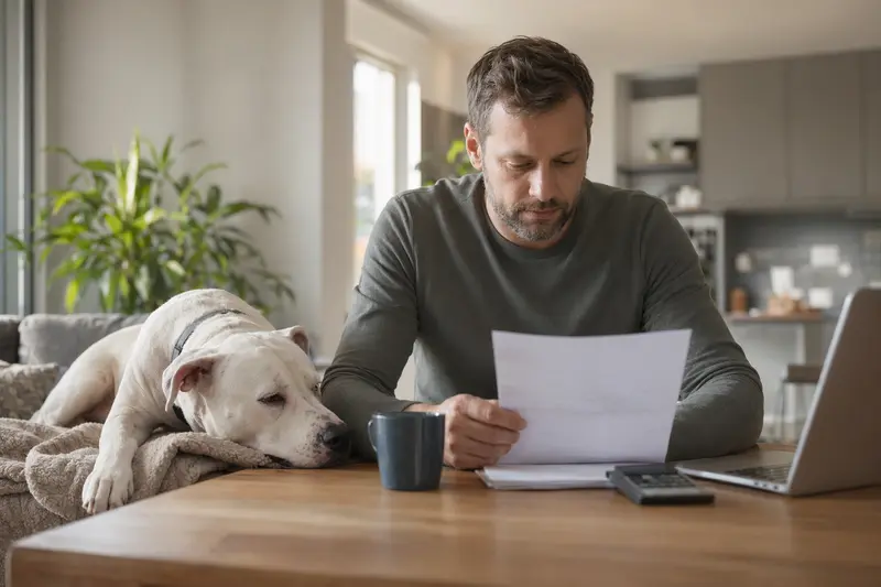 Ein entspannter Dogo Argentino Hund liegt auf einer Decke, während sein Besitzer am Tisch eine Tierarztrechnung studiert.