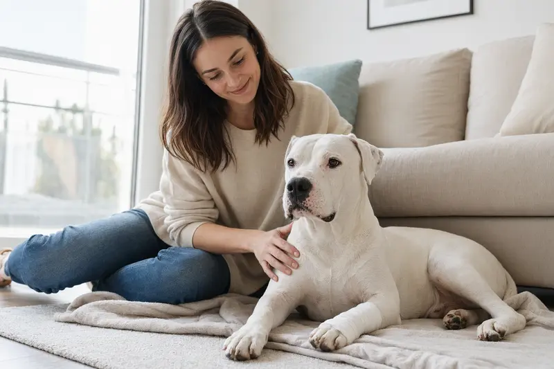 Ein beruhigter Dogo Argentino mit leichtem Verband liegt neben seinem erleichterten Besitzer in einer hellen Wohnung auf einer Decke.