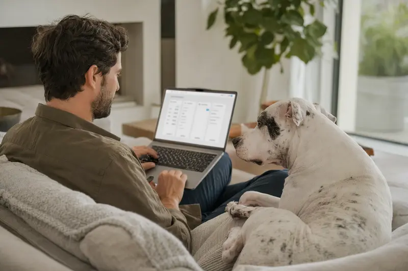 Ein Hundehalter arbeitet am Laptop auf dem Sofa, neben ihm liegt ein Dogo Argentino, während er einen Versicherungsvergleich durchführt.