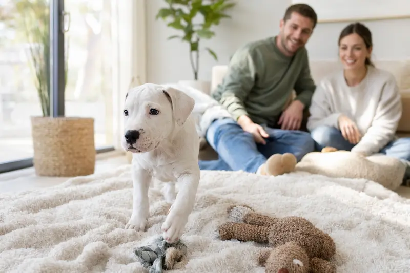 Ein neugieriger Dogo Argentino Welpe erkundet sein neues Zuhause mit weicher Decke und Spielzeug.