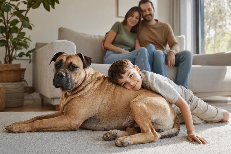 Ein entspannter Dogo Canario Hund liegt neben einem Kind im lichtdurchfluteten Wohnzimmer, umgeben von einer warmen Familienatmosphäre.
