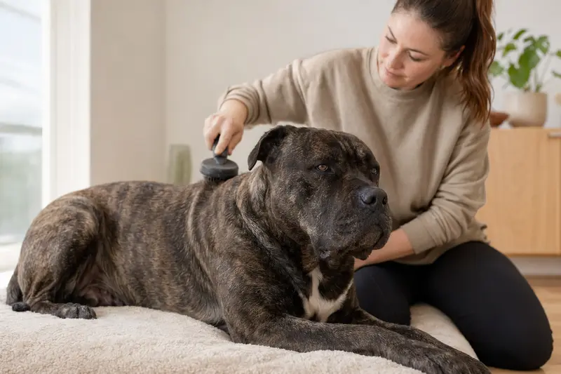 Ein Dogo Canario wird in einer hellen Wohnung sanft gebürstet, während sich der Besitzer liebevoll um die Fellpflege kümmert.