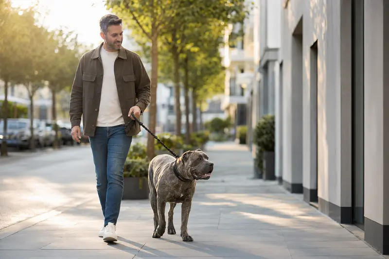 Ein Dogo Canario läuft an der Leine mit seinem Besitzer durch eine moderne Stadtstraße.
