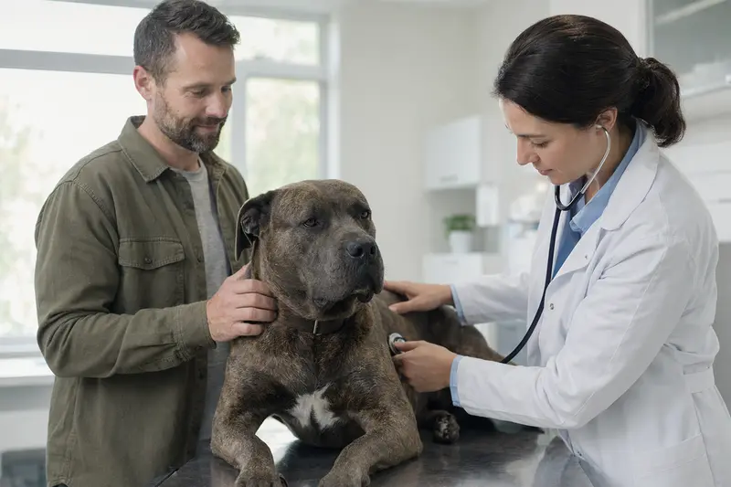 Ein freundlicher Dogo Canario Hund wird behutsam von einer Tierärztin mit einem Stethoskop in einer modernen Tierarztpraxis untersucht.