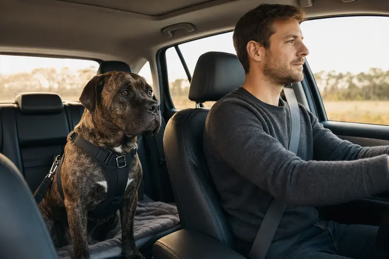 Ein Dogo Canario Hund sitzt sicher angeschnallt auf der Rückbank eines Autos und genießt den sicheren Transport.