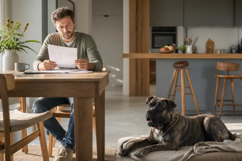 Ein Hundehalter sitzt mit einer Tierarztrechnung am Tisch, während ein entspannter Dogo Canario auf einer Decke neben ihm liegt und das Thema Hundekrankenversicherung ruhig veranschaulicht.