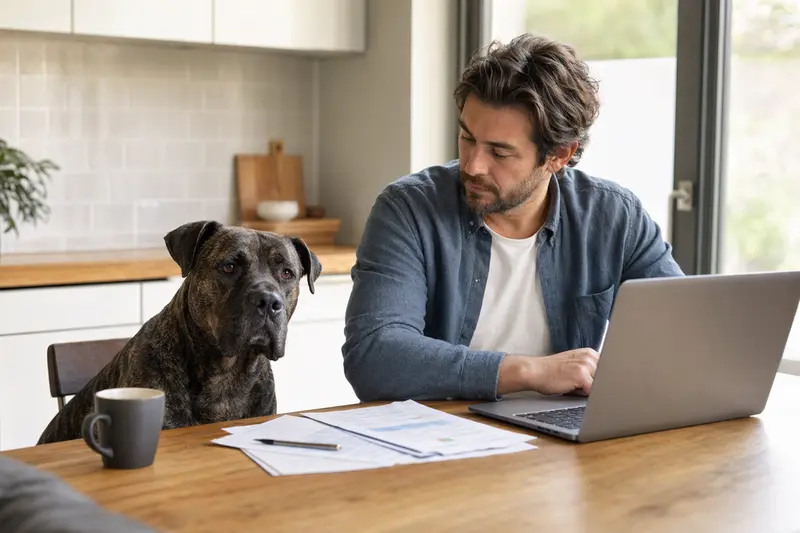 Ein Dogo Canario sitzt entspannt neben seinem Besitzer am Küchentisch, auf dem Versicherungsunterlagen und ein Laptop liegen.