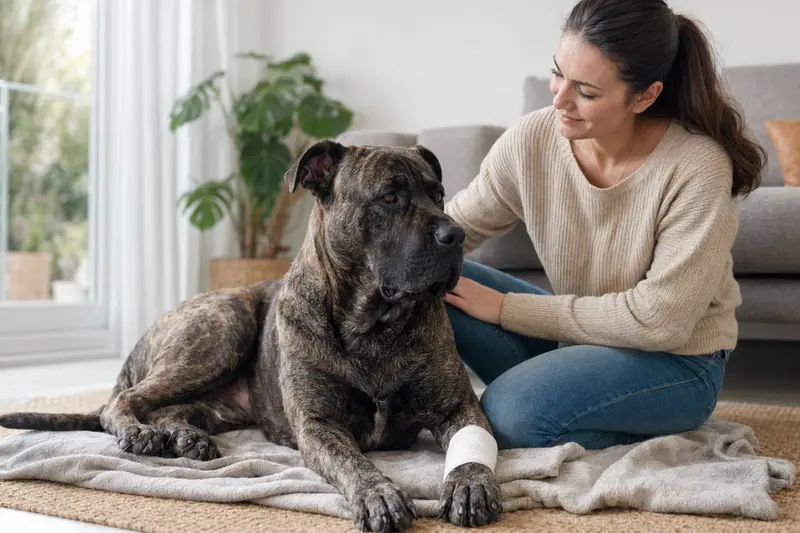 Ein Dogo Canario liegt mit einem leichten Verband an der Pfote auf einer Decke, während sein Besitzer neben ihm sitzt und erleichtert wirkt.