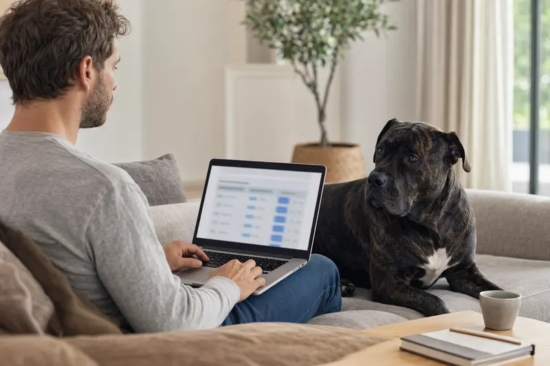 Ein Hundebesitzer arbeitet am Laptop auf dem Sofa, während ein Dogo Canario neben ihm sitzt, was ein Gefühl von Sicherheit vermittelt.