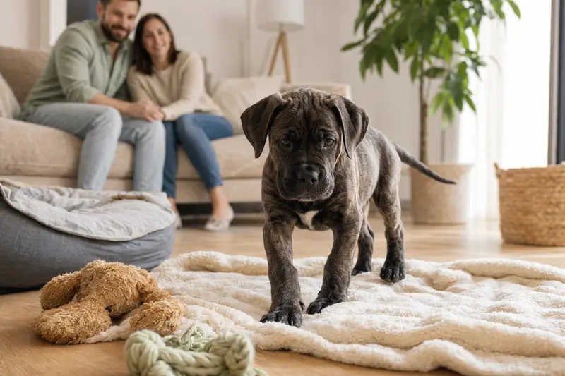 Ein neugieriger Dogo Canario Welpe entdeckt sein neues Zuhause mit einer liebevollen Familie im Hintergrund.