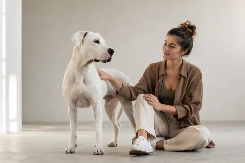 Aufmerksamer Dogo Mallorquin in natürlicher Haltung vor hellem Hintergrund, als realistisches Tierportrait mit weichem Licht dargestellt.