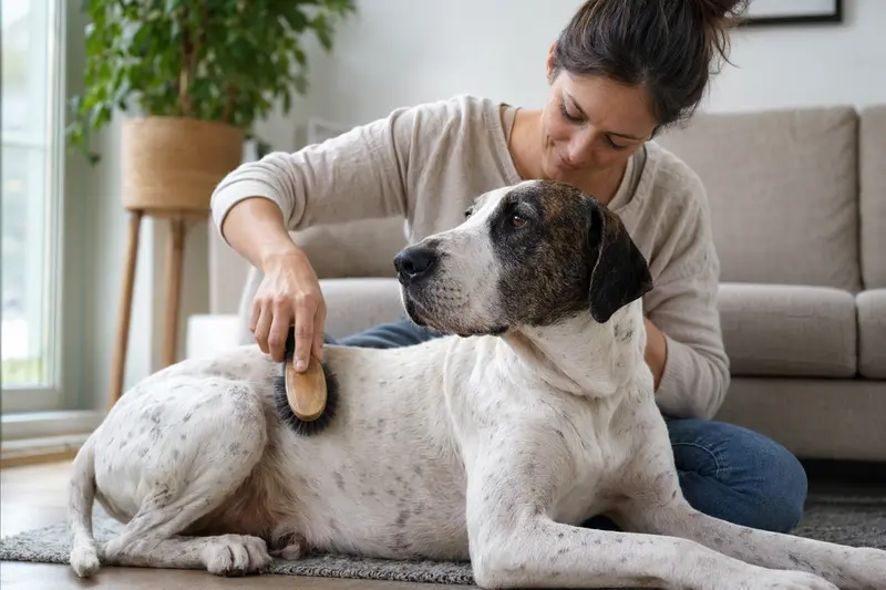 Ein Dogo Mallorquin wird in einer hellen Wohnung liebevoll gebürstet, während der Besitzer ruhig die Fellpflege übernimmt.