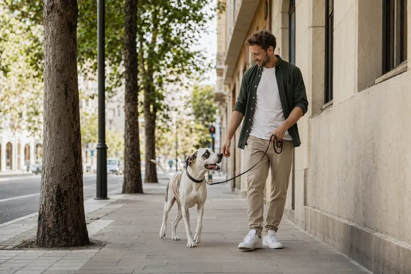 Ein Dogo Mallorquin läuft entspannt an der Leine mit seinem Besitzer durch eine moderne Stadtstraße.