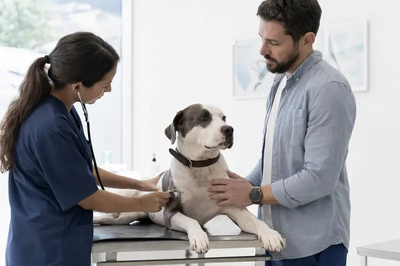 Ein Dogo Mallorquin Hund wird von einer freundlichen Tierärztin in einer modernen Praxis mit einem Stethoskop untersucht.