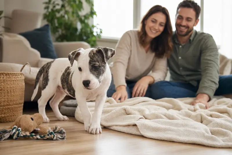 Ein neugieriger Dogo Mallorquin Welpe erkundet seine neue Wohnung mit einer liebevollen Familie im Hintergrund.