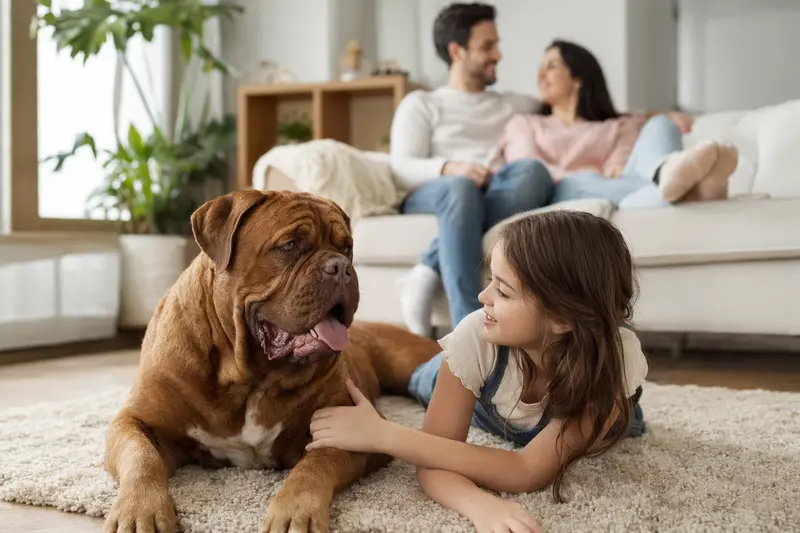Ein entspannter Dogue de Bordeaux Hund liegt neben einem Kind im Wohnzimmer und strahlt Vertrauen aus.