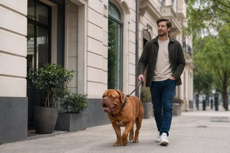 Ein Dogue de Bordeaux läuft an der Leine mit seinem Besitzer durch eine freundliche moderne Stadtstraße.