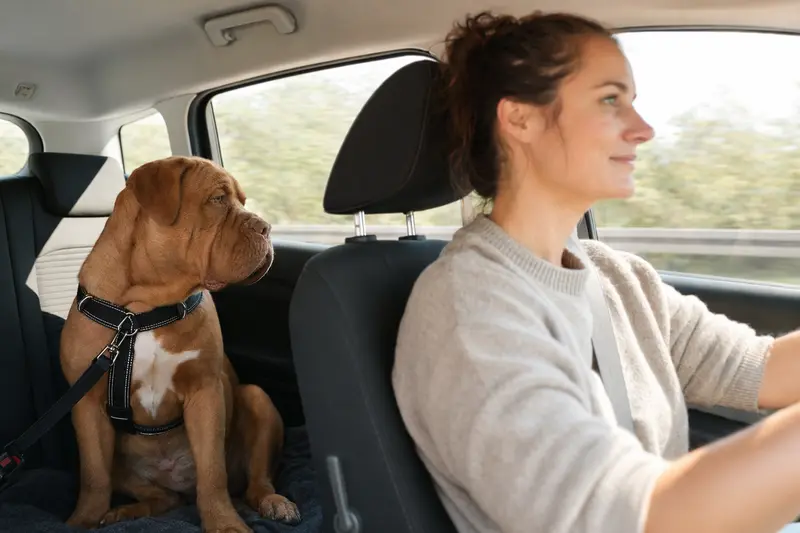 Ein Dogue de Bordeaux sitzt sicher angeschnallt auf der Rückbank eines Autos, während der Besitzer entspannt fährt.