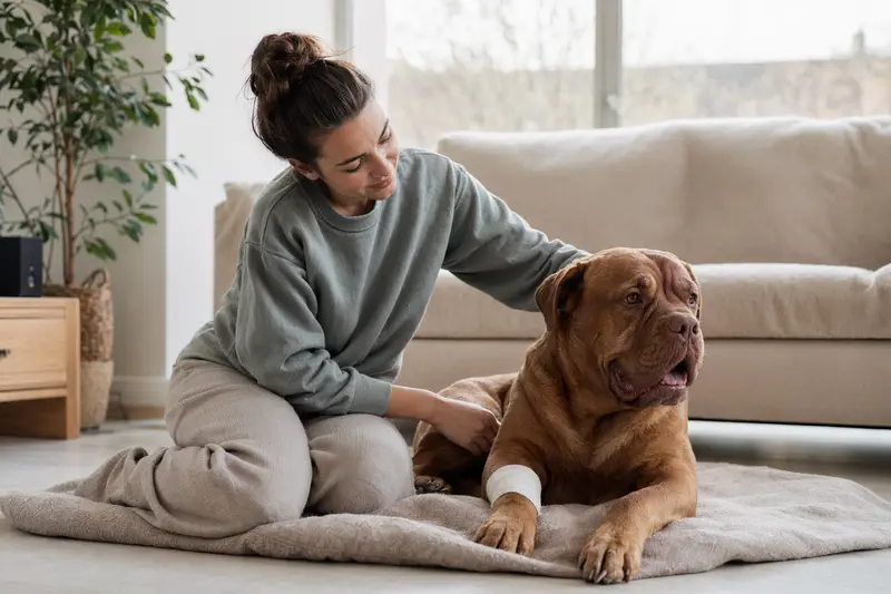 Ein entspannter Dogue de Bordeaux mit Verband an der Pfote liegt neben seinem Besitzer in einer hellen Wohnung.
