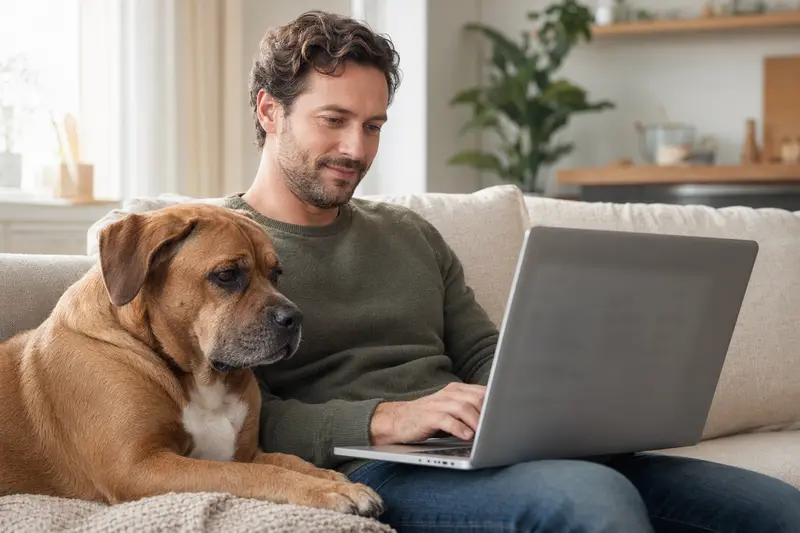 Ein Hundebesitzer sitzt entspannt mit einem Dogue de Bordeaux auf dem Sofa und vergleicht Versicherungen auf seinem Laptop.
