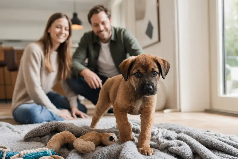 Ein neugieriger Dogue de Bordeaux Welpe erkundet sein neues Zuhause mit weicher Decke und Spielzeug im Hintergrund.