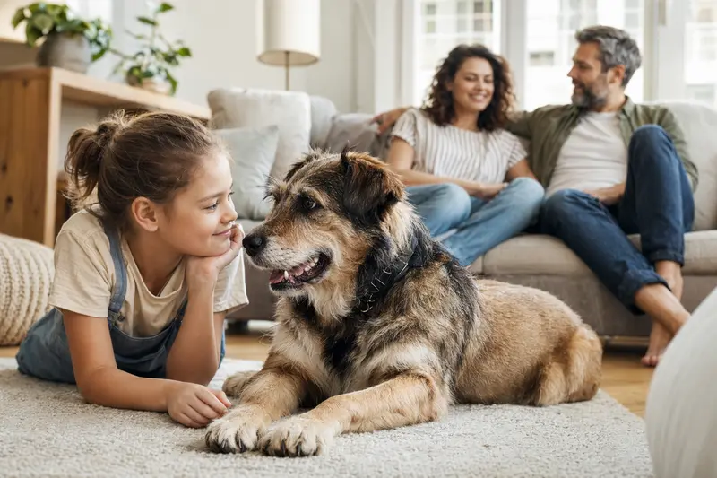 Ein freundlicher Doguillo Hund entspannt neben einem glücklichen Kind im hellen Wohnzimmer.