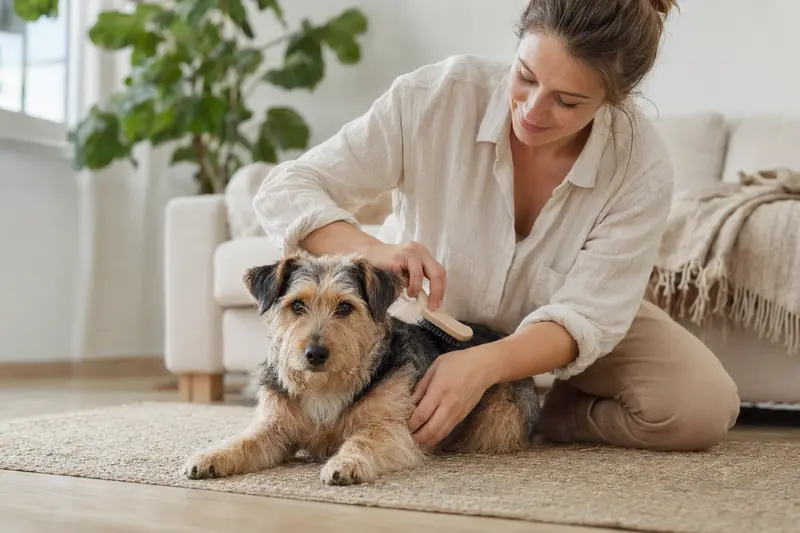 Ein Doguillo Hund wird in einer hellen Wohnung sanft gebürstet, während sein Besitzer liebevoll die Fellpflege übernimmt.