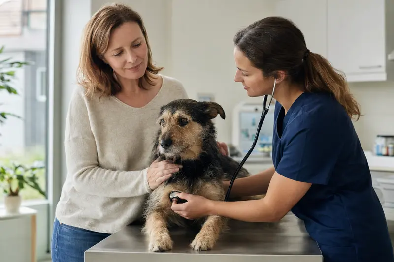 Ein ruhiger Doguillo Hund wird von einer freundlichen Tierärztin im Untersuchungstisch einer modernen Tierarztpraxis mit einem Stethoskop untersucht, während sein Besitzer beruhigend danebensteht.