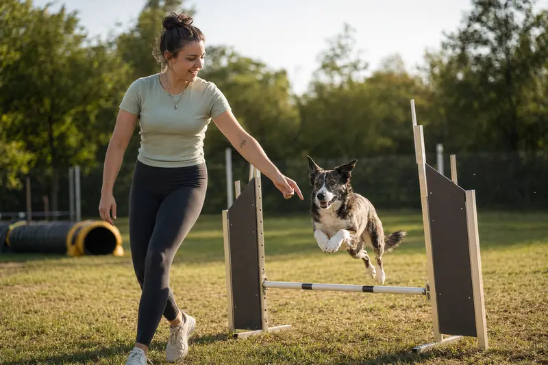 Ein aktiver Doguillo trainiert mit seinem Besitzer auf einem Hundeplatz über eine kleine Hürde.