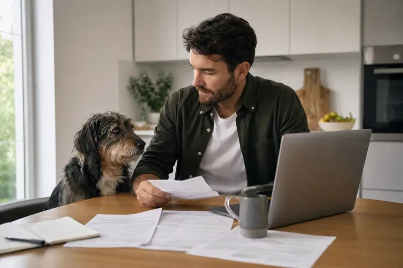 Ein ruhiger Doguillo Hund sitzt neben seinem Besitzer am Küchentisch, auf dem Versicherungsunterlagen und ein Laptop liegen.