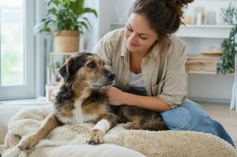 Ein entspannter Doguillo Hund mit leichtem Verband an der Pfote liegt neben seinem erleichterten Besitzer auf einerDecke in einer hellen Wohnung.