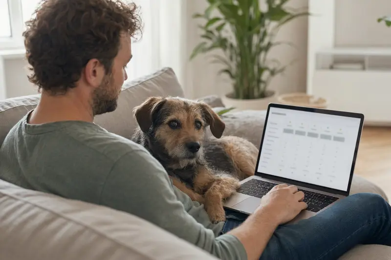 Ein Hundebesitzer arbeitet am Laptop auf dem Sofa, während sein Doguillo Hund neben ihm sitzt, in einer hellen, sicheren Wohnung.