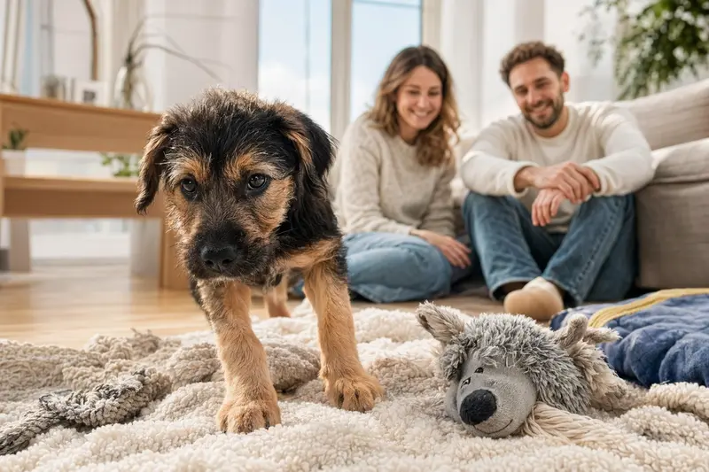 Ein neugieriger Doguillo Welpe sitzt auf einer weichen Decke und erkundet sein neues Zuhause mit einer liebevollen Familie im Hintergrund.