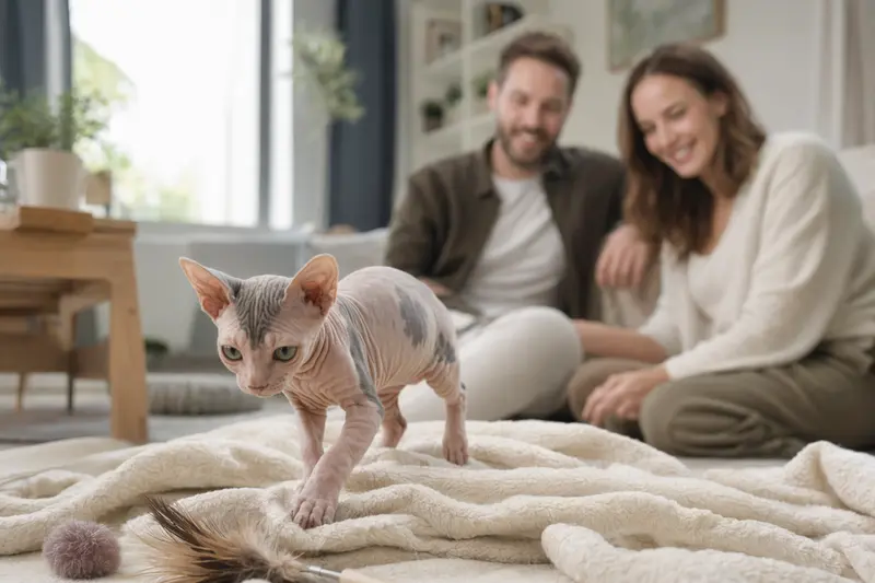 Ein neugieriges Don Sphynx Kitten erkundet sein neues Zuhause mit einer liebevollen Familie im Hintergrund.