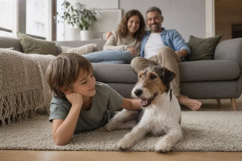 Ein freundlicher Drahthaar-Foxterrier liegt entspannt neben einem Kind im Wohnzimmer, während die Eltern im Hintergrund eine helle und sichere Familienatmosphäre schaffen.