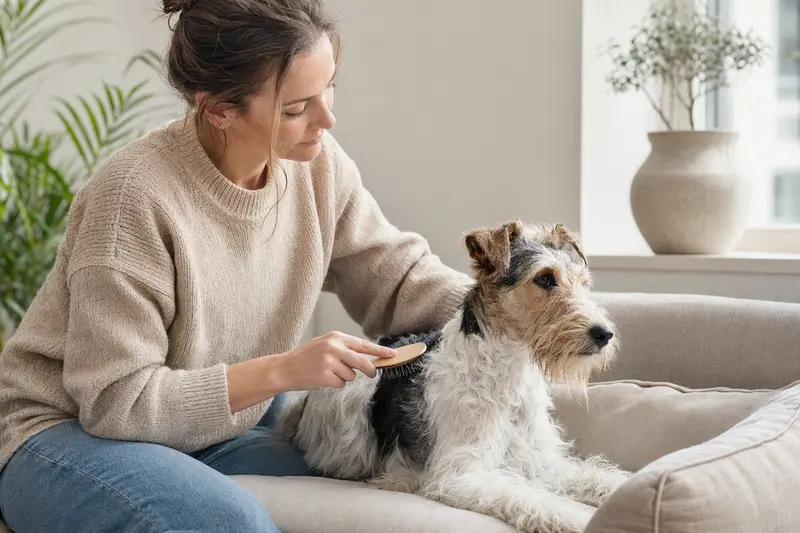 Ein Drahthaar-Foxterrier wird in einer hellen Wohnung sanft gebürstet, während sich der Besitzer liebevoll um die Fellpflege kümmert.