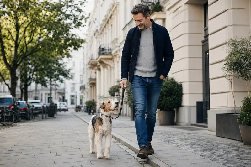 Ein Drahthaar-Foxterrier läuft an der Leine mit seinem Besitzer durch eine moderne Stadtstraße.