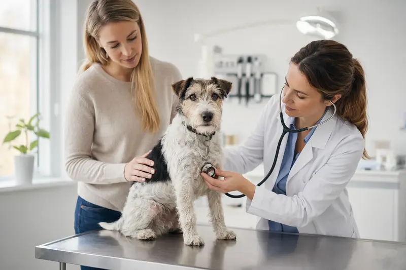 Eine Tierärztin untersucht einen ruhigen Drahthaar-Foxterrier mit dem Stethoskop, während der Besitzer in der modernen Tierarztpraxis beruhigend danebensteht.