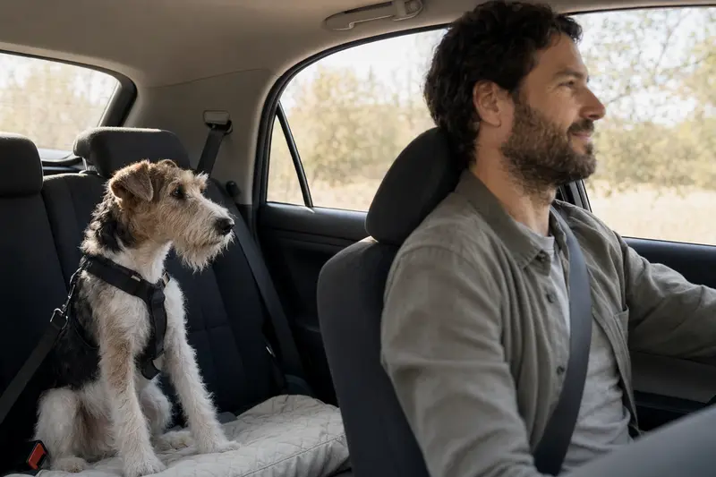Ein Drahthaar-Foxterrier sitzt sicher angeschnallt auf der Rückbank eines Autos, während der Besitzer ruhig fährt und Sonnenlicht ins Fahrzeug fällt.