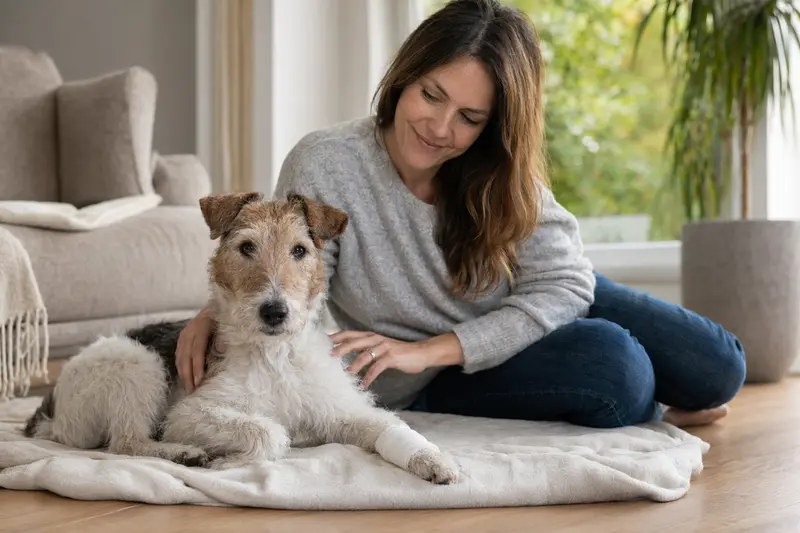Drahthaar-Foxterrier mit leicht verbundenener Pfote liegt ruhig auf einer Decke neben seinem erleichterten Besitzer in einer hellen Wohnung.